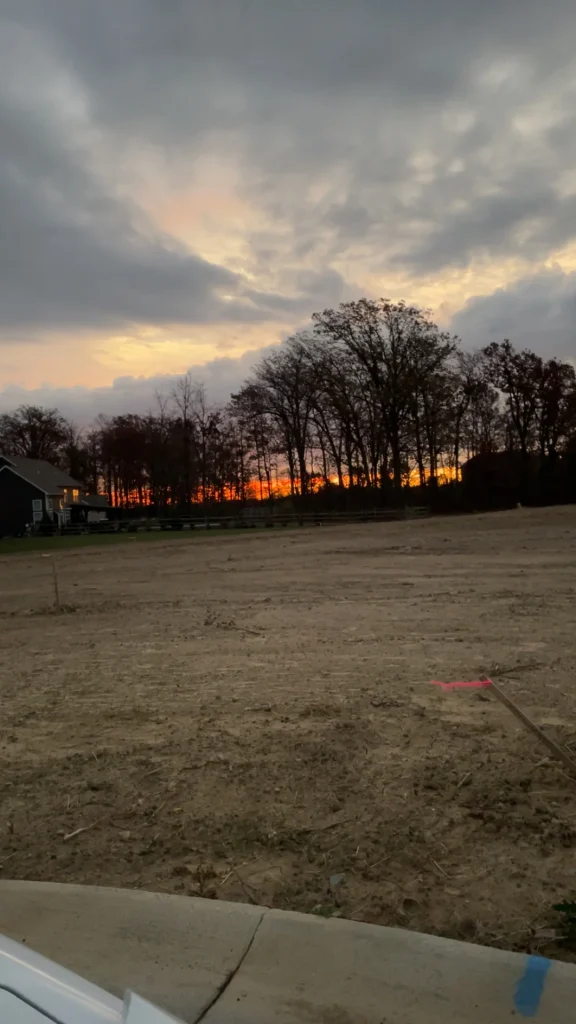 Better Way Land Management LLC freshly graded residential lot with bare soil at sunset behind treeline in Toledo OH