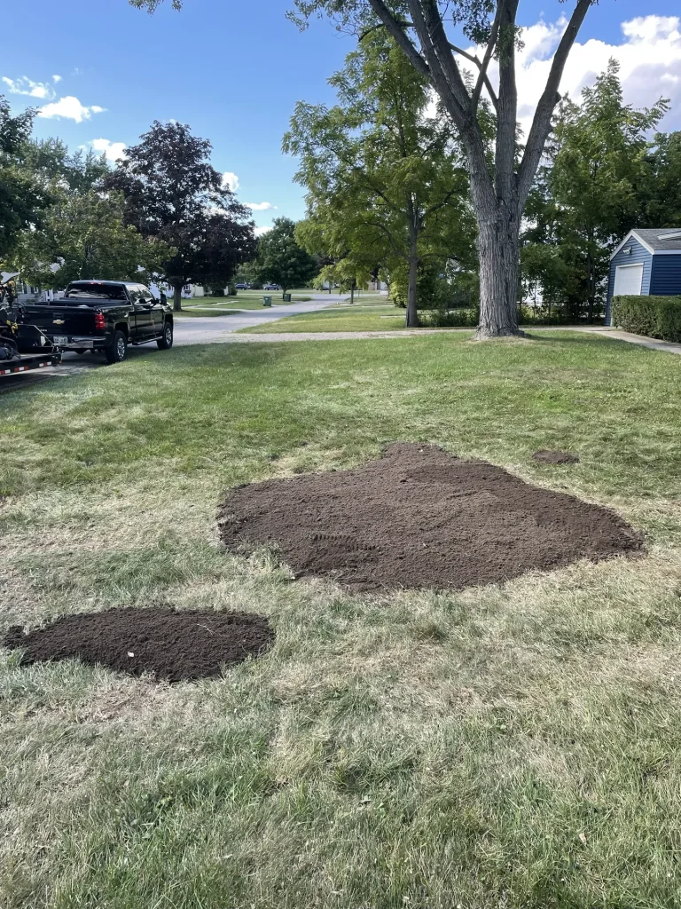 Better Way Land Management LLC fresh topsoil patches spread across residential lawn for grass repair in Toledo, OH suburban neighborhood.