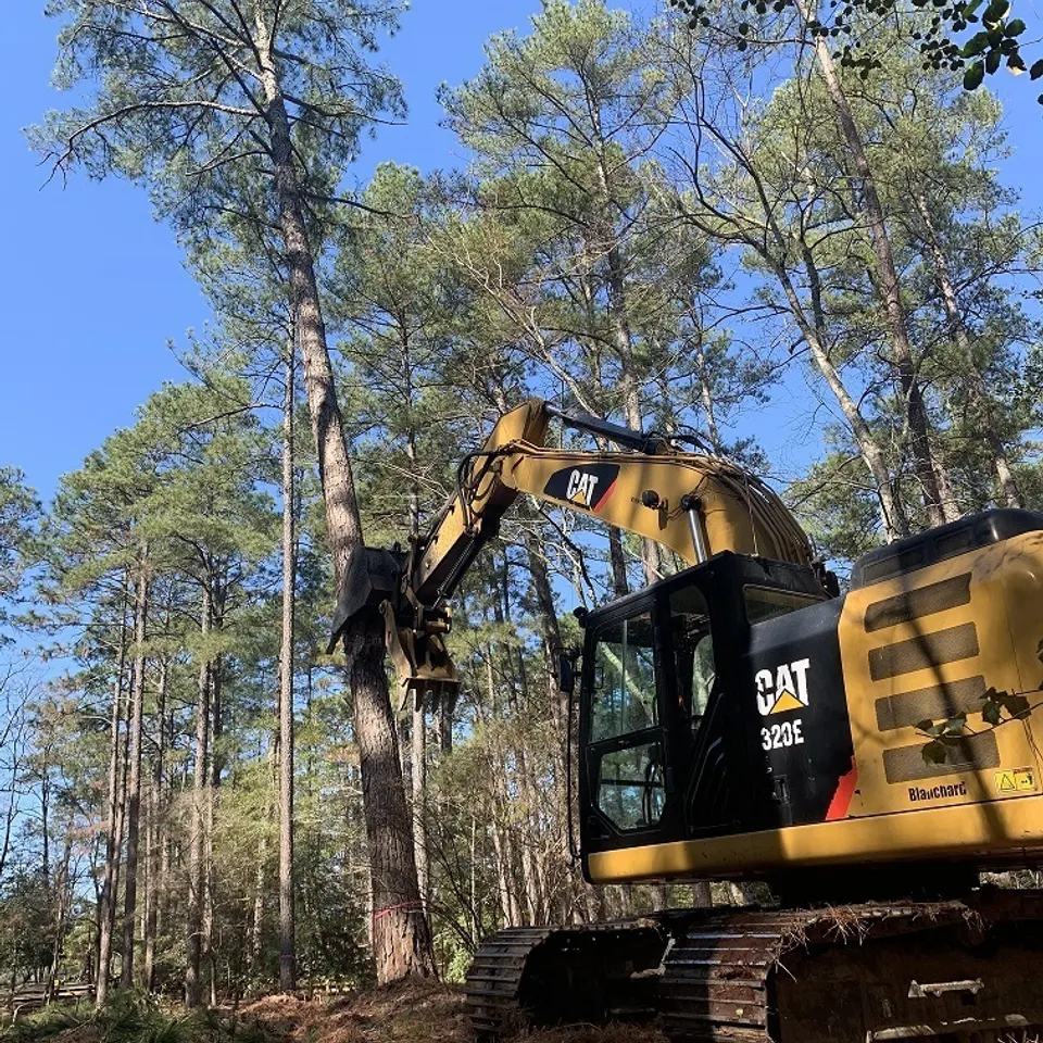 Better Way Land Management LLC CAT 320E excavator with tree grapple performing land clearing services in Northwest Ohio pine forest