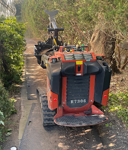 Better Way Land Management LLC Ditch Witch SK3000 mini skid steer with tracks navigating narrow pathway between vegetation and fence during land clearing work
