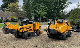 Better Way Land Management LLC professional stump grinder machines parked on residential property showing yellow commercial grinding equipment ready for operation